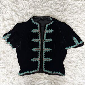 Vintage Black Velvet Beaded Top Edwardian Jacket Turquoise Size Small